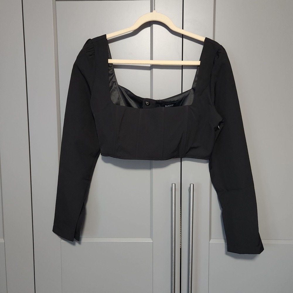 New Bardot Black Corset Style Square Neck Long Sleeve Crop Top XL US 10 Blouse